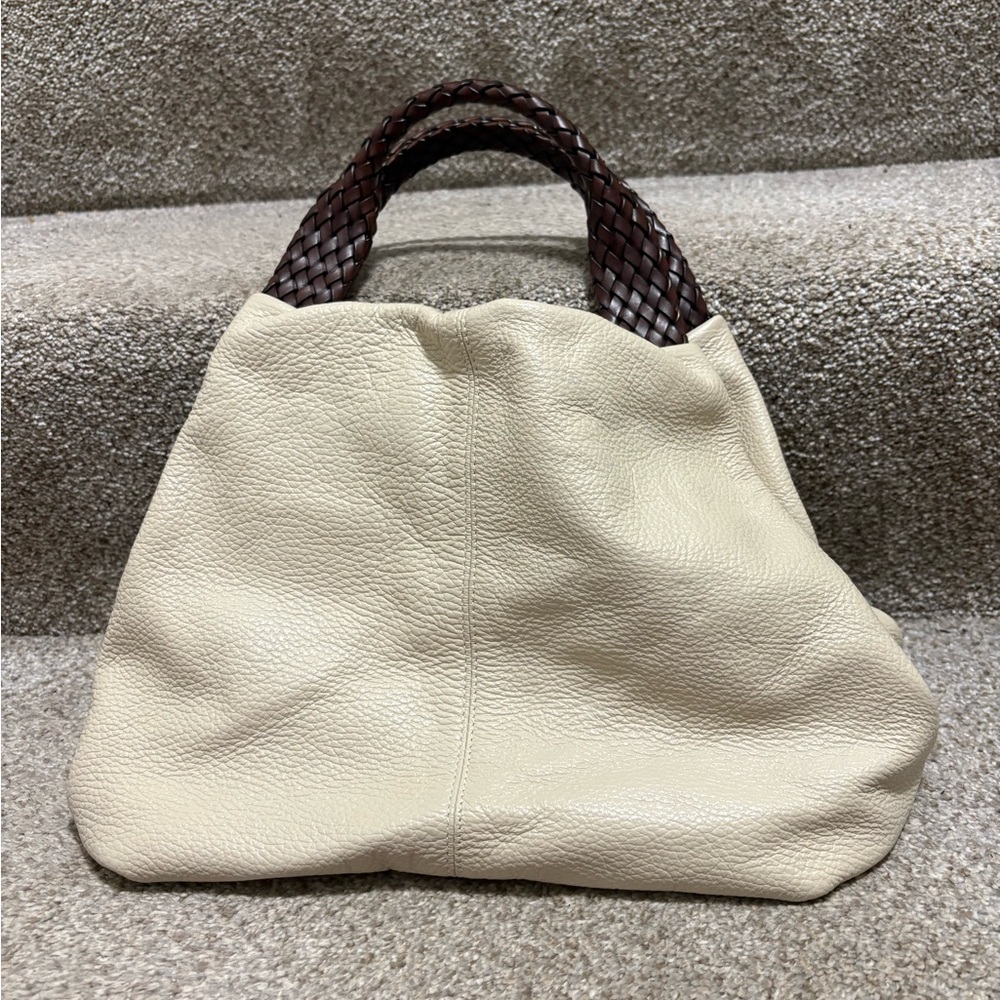 SUNDANCE Pebbled Italian Leather Bag in Cream with Brown Leather Braided Handles